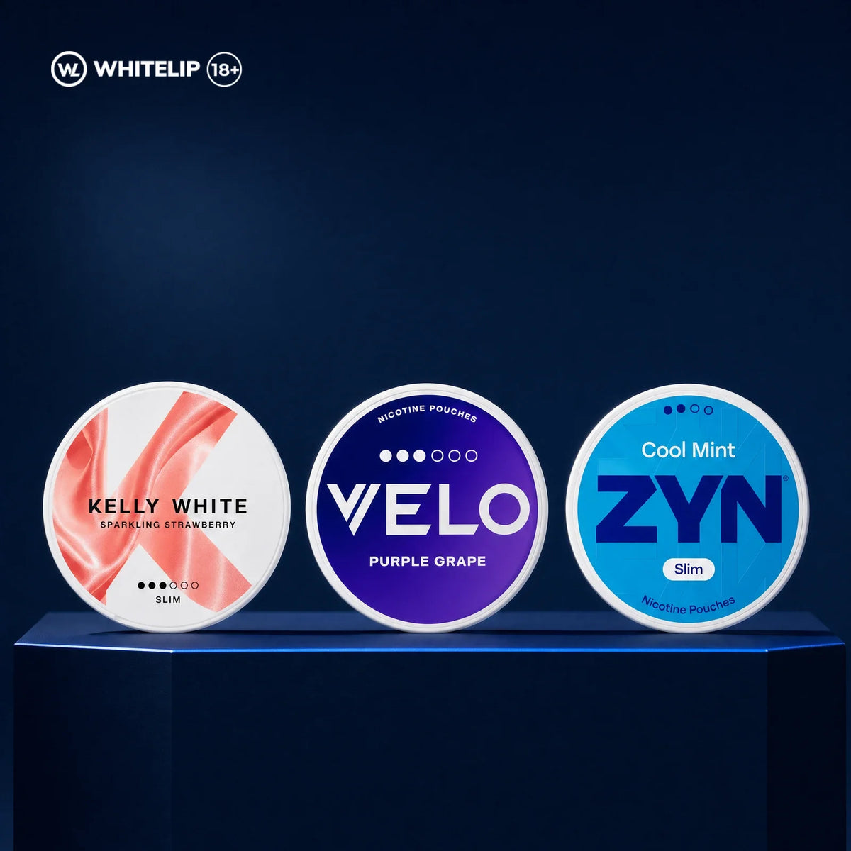 Kelly White, VELO and ZYN nicotine pouch cans standing at equal scale on a navy podium
